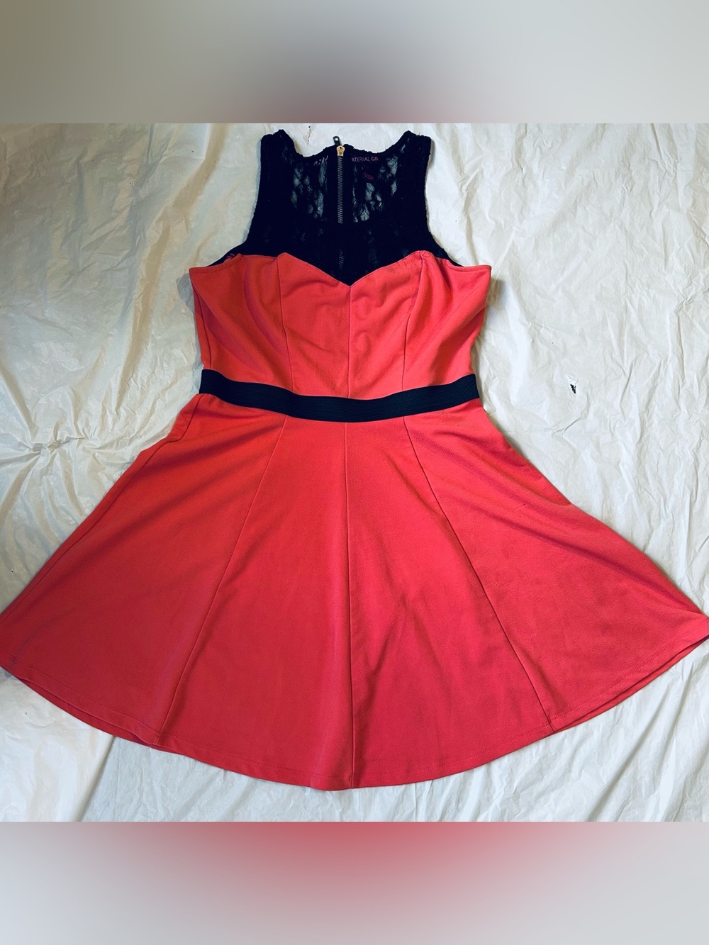 Casual, elegant cute Lace Yoke Coral Mini Dress with Black Waistband